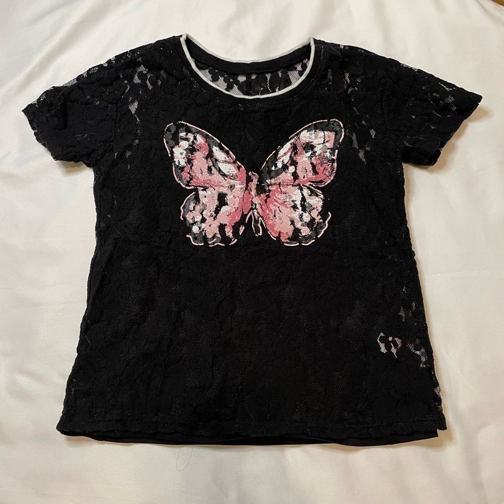 Girls Justice size 10 black lace pink butterfly shirt
